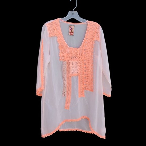 Johnny Was Size M Sheer White Boho Tunic Top Long Sleeves with Orange Lace - Picture 1 of 10